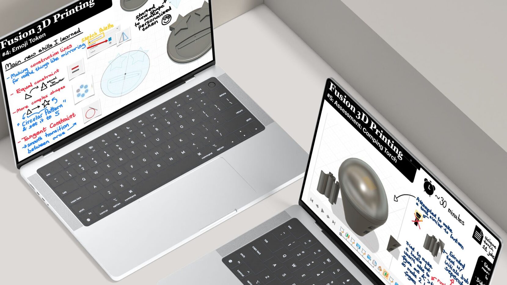 Two laptop screens displaying student portfolios with CAD screenshots and handwritten reflections on emoji token and camping torch projects.