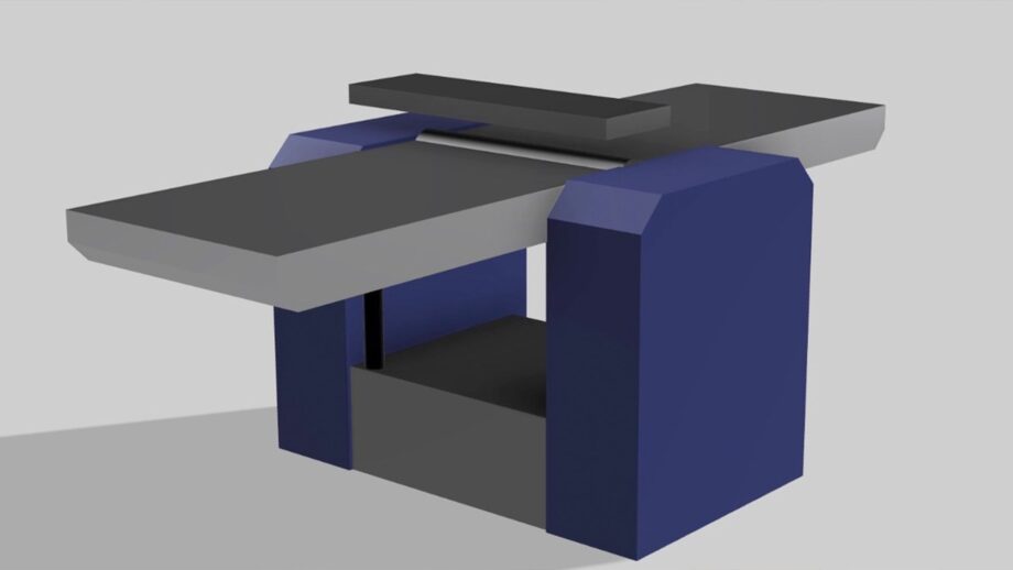 Student-created Autodesk Fusion render of a blue and grey planer thicknesser.
