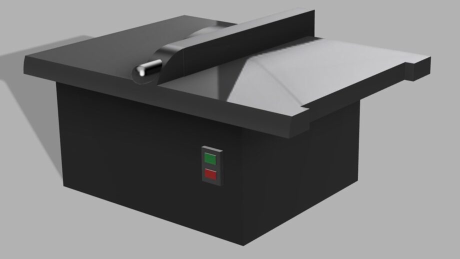 Student-created Autodesk Fusion render of a black woodworking machine with a metal work surface and red and green controls.