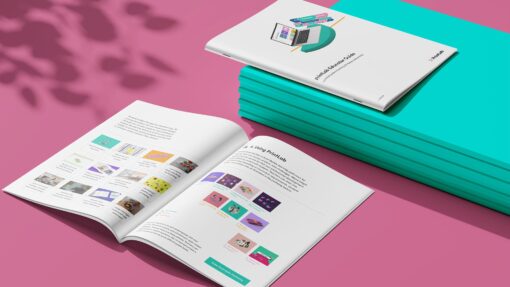 PrintLab Educator Guide booklet mockup showing the cover and open pages with 3D design activities and an example classroom learning pathway.