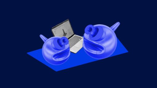 Two blue character-shaped spinning top designs beside a laptop displaying Autodesk Fusion, against a dark blue background.